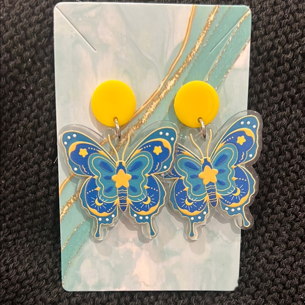 Blue Yellow Butterfly‎ Celestial Acrylic Drop Dangle Earrings Moon Star Studs